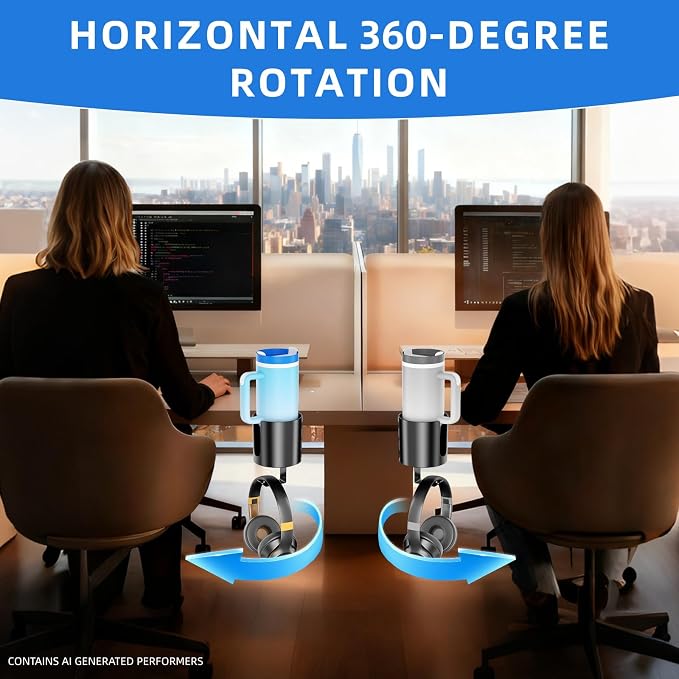 360° Rotating Cup Holder for Desk, Fits 18-40oz, Headphone Hook | U-Shaped - Image 2