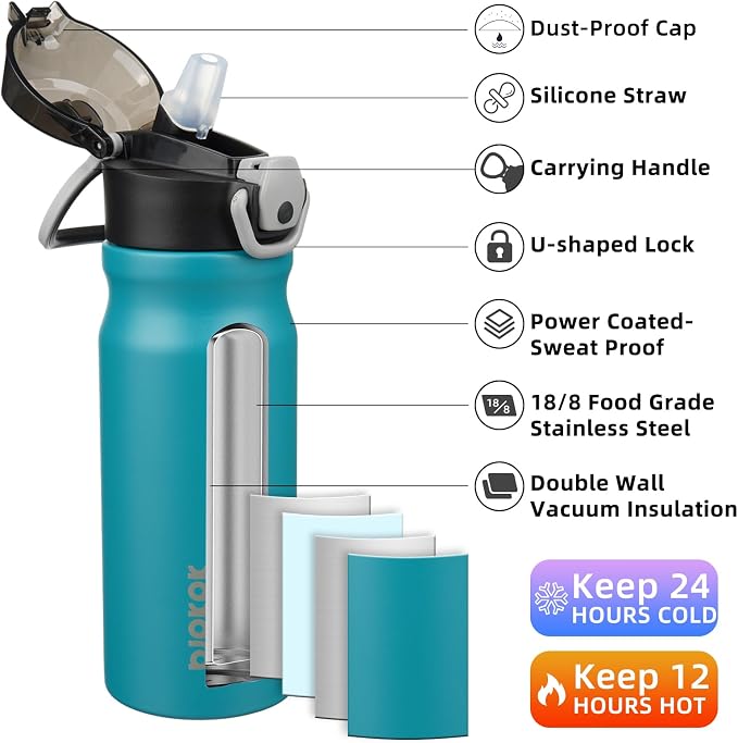 BJPKPK 18 oz Water Bottle with Straw & Handle, Insulated Stainless Flask | Leak - Image 2