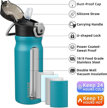 BJPKPK 18 oz Water Bottle with Straw & Handle, Insulated Stainless Flask | Leak - Image 2