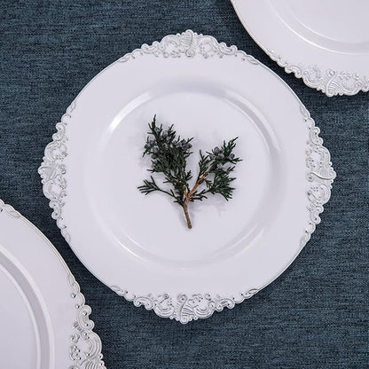 Hioasis 100pcs White Silver Plastic Plates for Party - 7.5" Dessert Plates Disposable, Heavy -duty, Classy and Elegant for Wedding