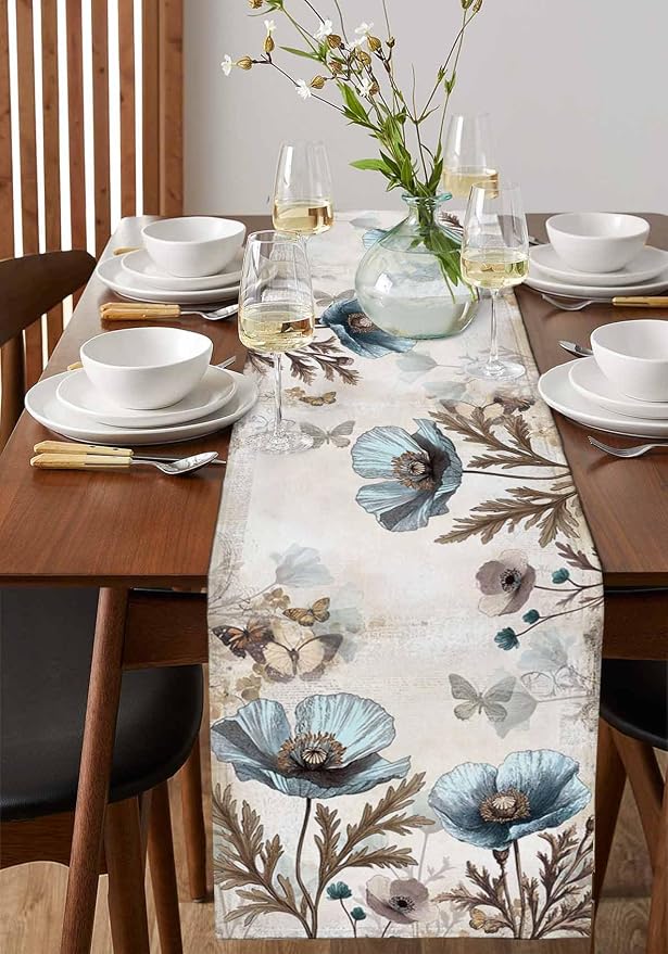 Vintage Tulip Flowers Table Runners 108 Inches Long, Cotton Linen Fabric Table - Image 2