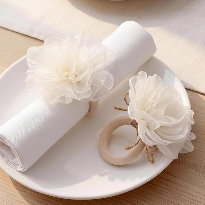 Flower Napkin Rings Set of 12 Wooden White Mesh Flower Handmade Napkin Holders by Gandeer