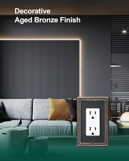 2-Pack Decorator Outlet Cover Plate, Decorative Switch Plates and Outlet Covers, Aged Bronze Metal Wall Plates for Electrical Outlets, Receptacle, GFCI Outlet, Dimmer Switch