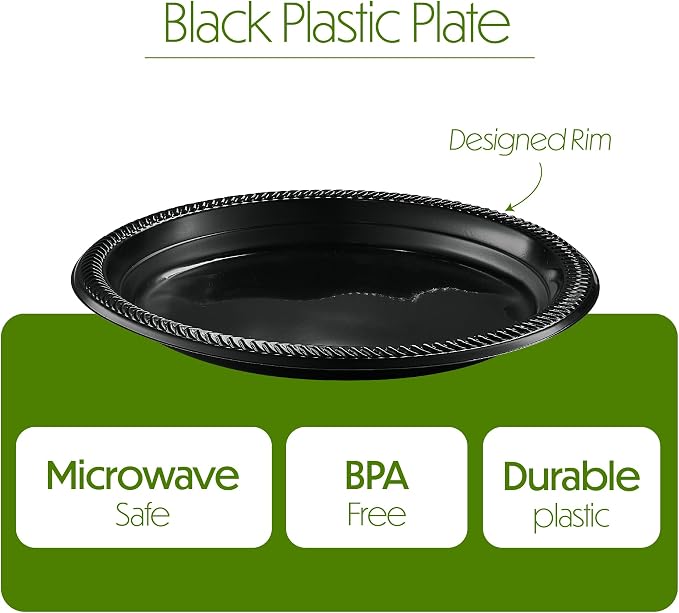 PLASTICPRO 400 PCS Black Plastic Plates Light Weight 9 Inch Plastic Dinner - Image 6