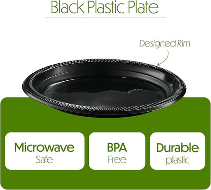 PLASTICPRO 100 PCS Black Plastic Plates Light Weight 9 Inch Plastic Dinner - Image 6