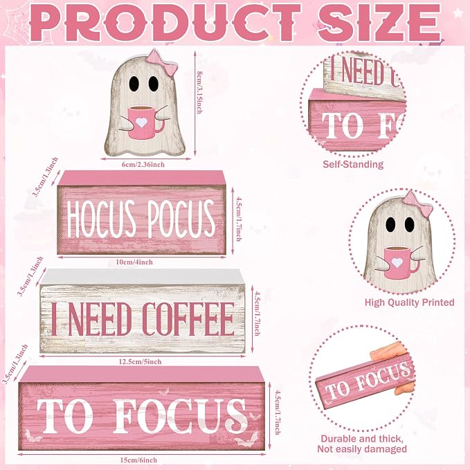 Moucuny 4 Pcs Pink Halloween Table Decorations Coffee Ghost Wooden Stacked - Image 3