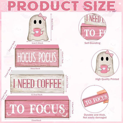 Moucuny 4 Pcs Pink Halloween Table Decorations Coffee Ghost Wooden Stacked - Image 3