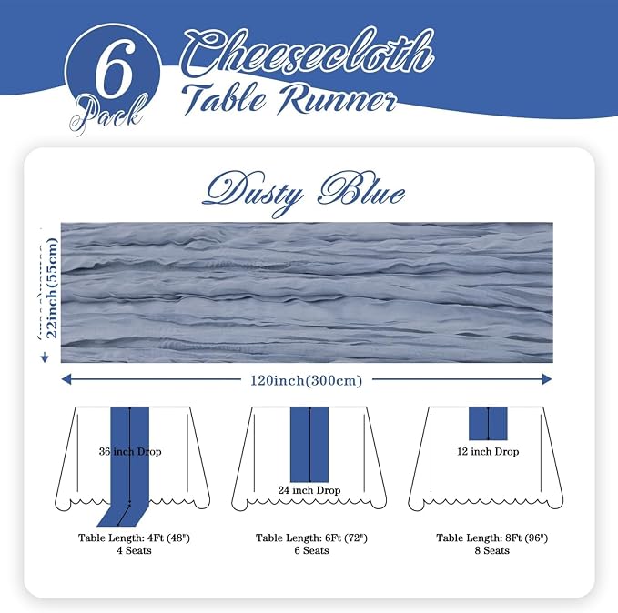 6 Pack Dusty Blue Cheesecloth Table Runner 22x120 Inch | 10Ft Boho Gauze Rustic - Image 3