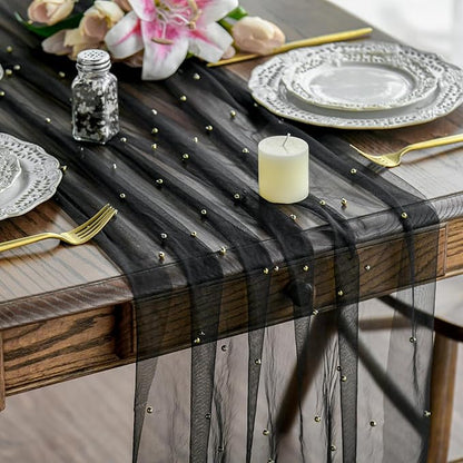 Artoid Mode 10PCS Pearl Black Gauze Table Runner 120 Inch 10FT, Seasonal Sheer Dining Holiday Wedding Birthday Baby Shower Table Decor for Home Party