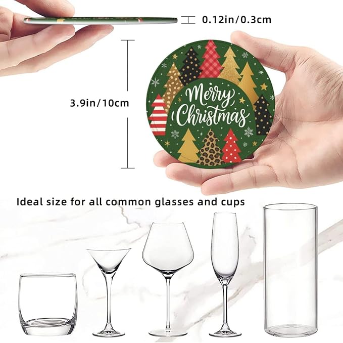 Vintage Green Christmas Tree Plaid Print Coasters - Image 3