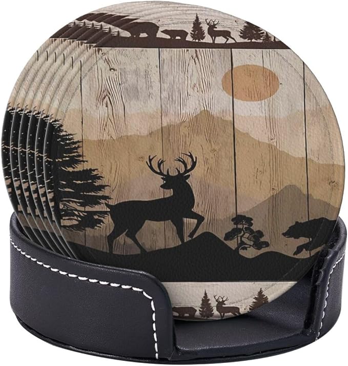 6 Pcs Rustic Wildlife Bear Deer Moose Vintage Wooden Plank Leather Coasters - Image 6