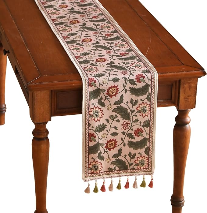 Designer Vintage Linen Table Runner, Floral Leave Pattern, Dining Table by Isaennehomedecoration