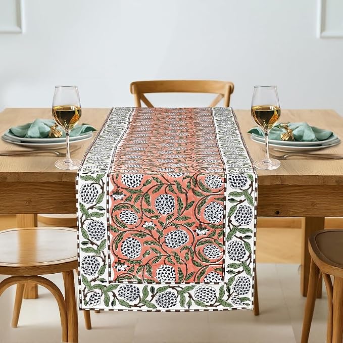 Dark Salmon Hand Block Print 100% Cotton Table Runner 16x90 Inch | Perfect by Ridhi