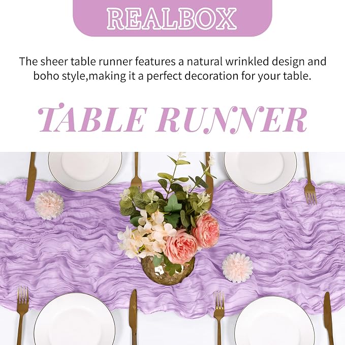 3 Pack Lavender Cheesecloth Table Runner 17x108 Inch Semi Sheer Boho Gauze - Image 4
