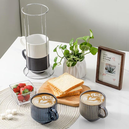 Hasense Coffee Mug Set of 4 - 15 oz Stackable Large Ceramic Ribbed Latte Cup Set - Image 2