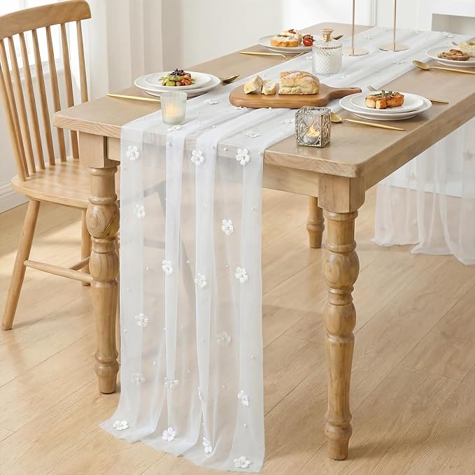 Artoid Mode Flower Pearl White Gauze Table Runner 10FT, Seasonal Sheer Dining - Image 3