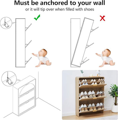 Narrow Hidden Shoe Organizer Cabinet Storage for Entryway, Modern Slim and Skinny Shoe Rack Cabinet with Flip Drawers for Entrance, Hallway - Natural