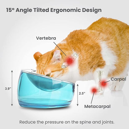 Felli Pet Oblik Whisker Fatigue Cat Food Bowl Raised Stainless Steel Shallow Dish, Pet Design Anti Vomit Tilted Metal Plate Feeder Elevated Acrylic Base(Sapphire, 0.5 Cups Shallow Dish)