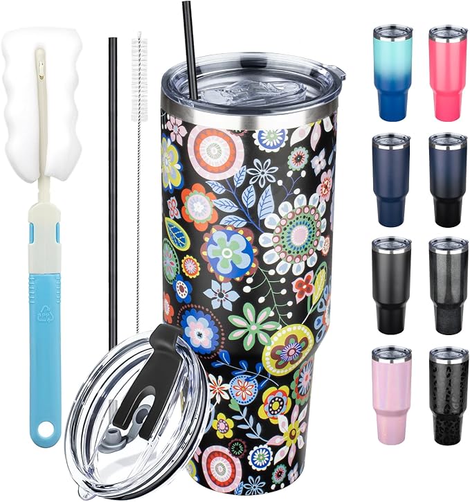 40 oz Tumbler with Lids and Straws, Stainless Steel Insulated Coffee Tumbler by GUDEMAO