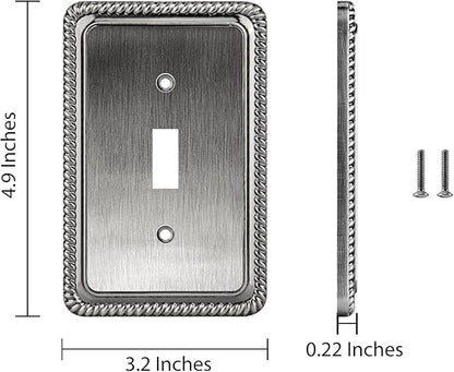 Henne Bery Rope Edge Decorative Wall Plate Switch Plate Outlet Cover (Single Toggle, 3 Pack, Heirloom Silver)