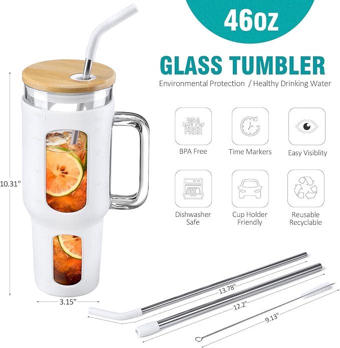 WINSA Glass Tumbler with Lid and Straw, 46 oz, Large Water Bottle with Silicone - Image 4