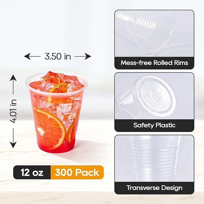 Turbo Bee 12oz Plastic Cups 300 Pack，Disposable Clear Drinking Cups - Image 3
