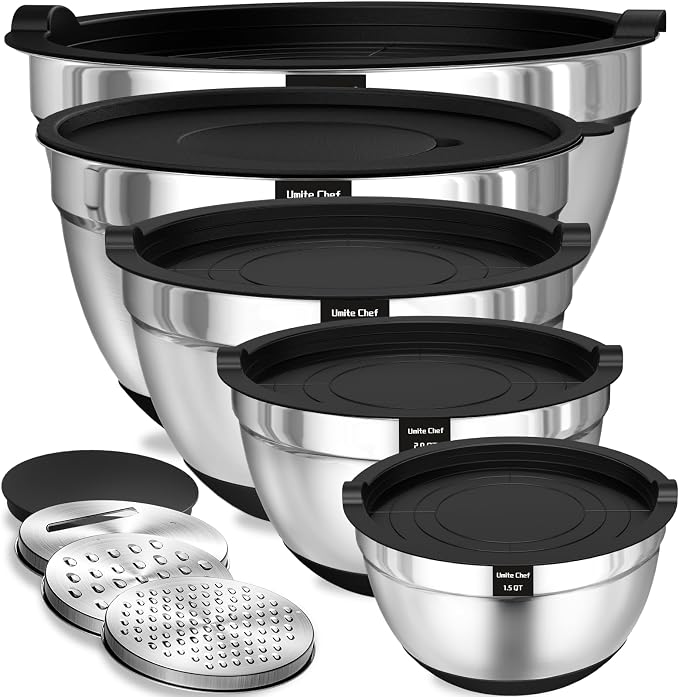 Umite Chef Mixing Bowls with Airtight Lids Set, 3 Grater Attachments & Non-Slip by UmiteChef