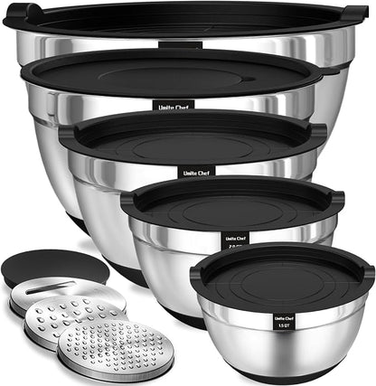 Umite Chef Mixing Bowls with Airtight Lids Set, 3 Grater Attachments & Non-Slip by UmiteChef