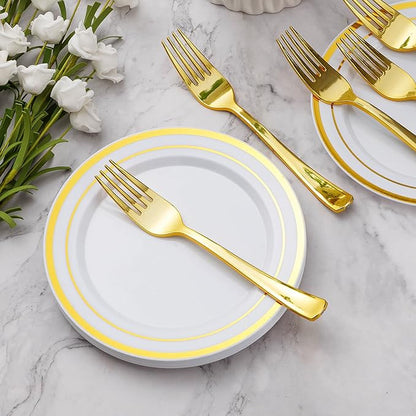 Goodluck 240PCS 7" Gold Dessert Plastic Plates with 7.4" Forks, Gold Appetizer Plates for 120 Guests, Including 120 Disposable Cake Plastic Plates and 120 Forks for Wedding/Birthday/Christmas Party