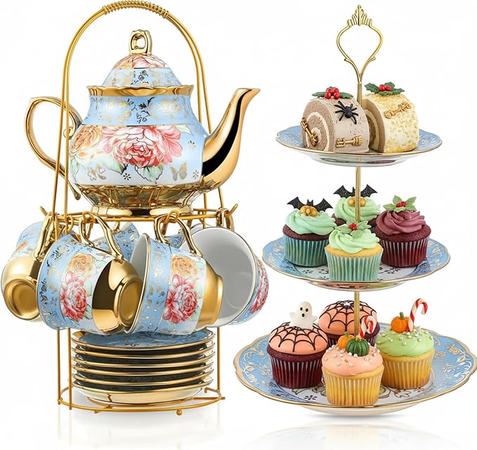 21 Pcs Porcelain Tea Set for Women Tea Party by Maxcheck