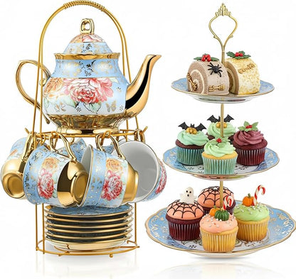 21 Pcs Porcelain Tea Set for Women Tea Party by Maxcheck