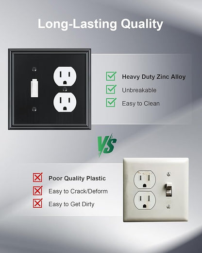 2-Pack Combo Toggle/Duplex Light Switch Cover Plate, Black Wall Outlet Cover Plate, Decorative Wall Receptacle Cover for Electrical Outlets, Light Switch, Durable Solid Zinc Alloy
