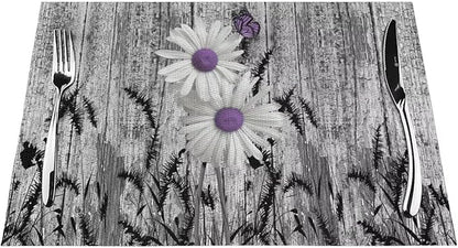 Placemats Set of 4 Rustic Floral Place Mats Farmhouse Daisy Woven Table Mats Washable Purple White Flower PVC Placemat for Dining Kitchen Decor Indoor Outdoor, 12 x 18 Inch