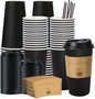 50 Pack 20 oz Disposable Coffee Cups with Lids, Paper Hot Coffee Cups with Sleeve and Straw, To Go Cups for Home, Office and Party (Black 20oz)