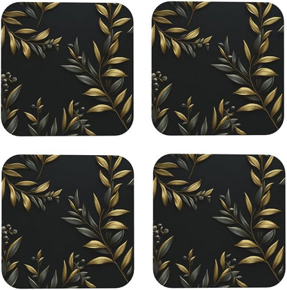 4Pcs Leather Coaster for Drinks Golden Olive Branch Cup Coasters Aesthetic by NONHAI