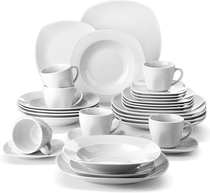 MALACASA 30 Piece Porcelain Dinnerware Set, Square Ceramic Dishware Sets by MALACASA