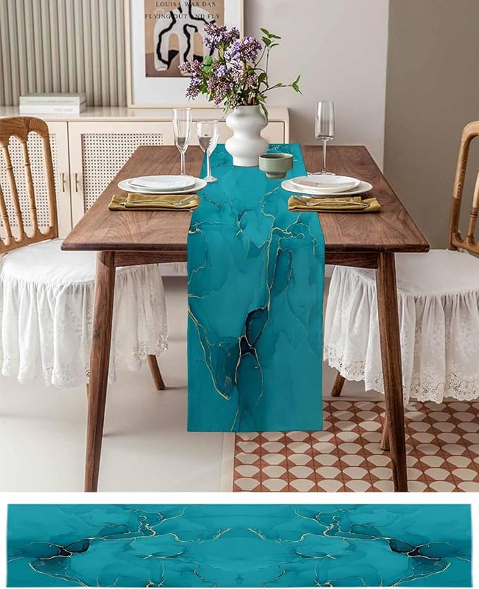 Teal Marble Table Runners 72 Inches Long, Turquoise Marble Crack Table Runner - Image 6