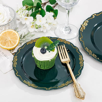 DaYammi 150Pcs Green Plastic Plates with Gold Silverware,Green Disposable Plates for Party include 30 Dinner Plate,30 Dessert Plate,90 Gold Plastic Cutlery,green gold plate for St. Patrick's Day Party