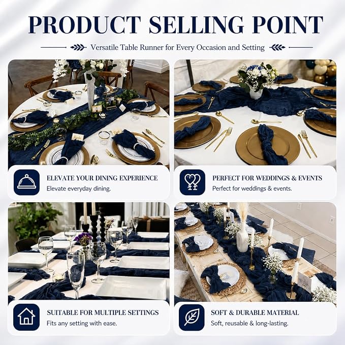 2 Pack Navy Blue Cheesecloth Table Runner 17x108 Inch Boho Rustic Semi Sheer - Image 7