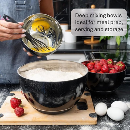 WHYSKO Stainless Steel Mixing Bowls Set of 3 with Non-Slip Silicone Base, Nesting Metal Bowls for Meal Prep, Baking, Cooking & Food Storage, Dishwasher Safe Kitchen Mixing Bowls, Black