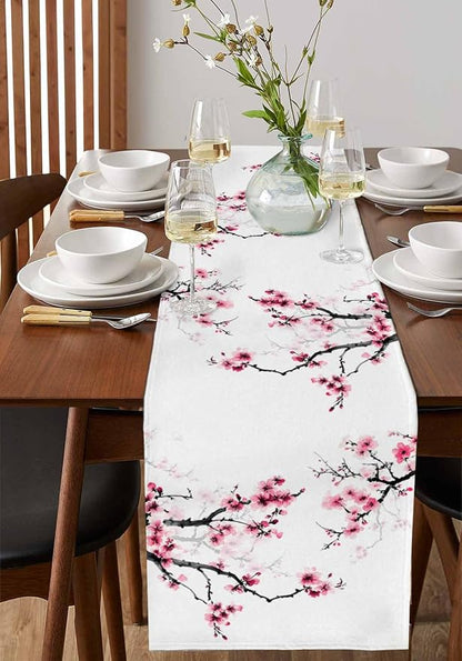 Pink Cherry Flowers Table Runners 72 Inches Long, Cotton Linen Fabric Table - Image 2