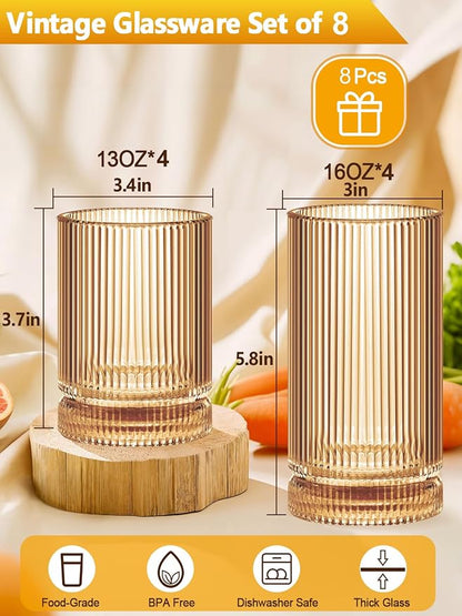Amber Glassware Ribbed Drinking Glasses Set of 8, Vintage Glassware Set - Image 2