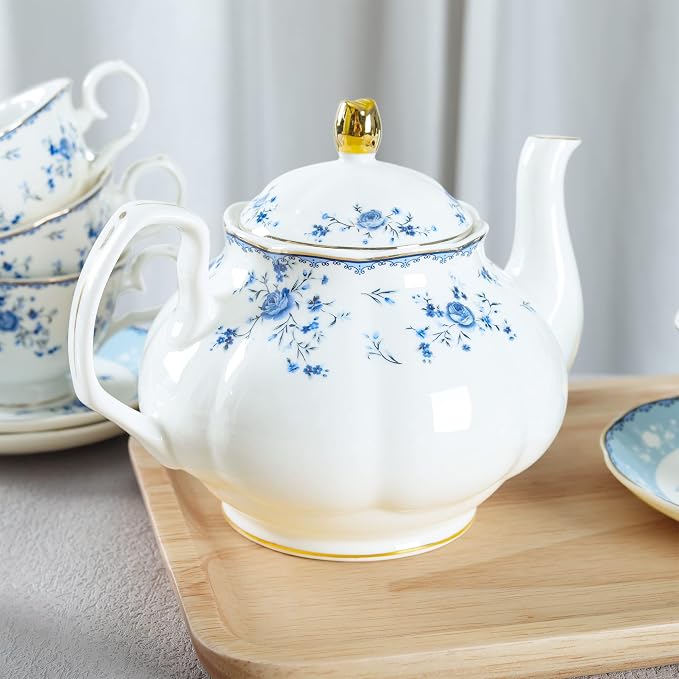fanquare 15 Piece Blue Rose Porcelain Tea Set, British Floral Teapot - Image 3