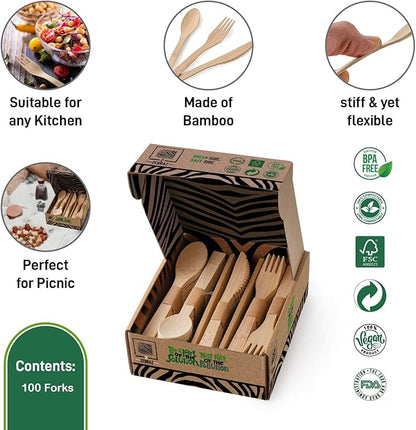 2ZEBRAZ Bamboo Cutlery Set – 100 Disposable Forks | Reusable Smooth Flatware, Heavy-Duty Natural Utensils for Dining and Entertaining