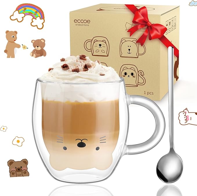 ecooe Cute Bear Mug Glass Coffee Cup 9.8oz Double Walled Glass Mug | by ecooe