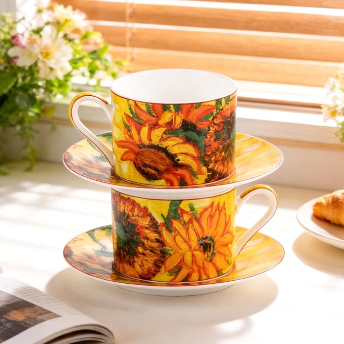 KAMMAK Tea Cups and Saucers Set of 2, Porcelain Coffee Cups, JBE007 | Stackable - Image 5