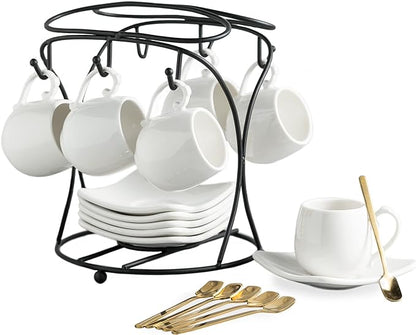LYEOBOH Espresso Cups with Saucers Set, Porcelain Coffee Cups and Metal Stand by LYEOBOH