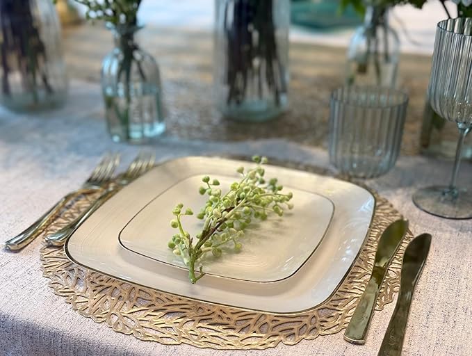 " OCCASIONS " 120 Pieces Pack,(60 Guests) Premium Wedding Party Disposable Plastic Plates Set -60 x 10'' Dinner + 60 x 7'' Salad/Dessert (Belize Square in Ivory & Gold)