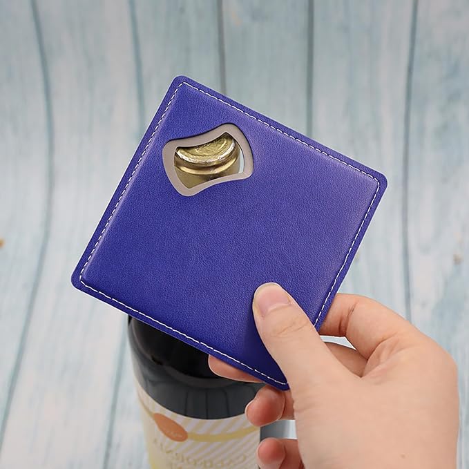 PU Leather Drink Coaster with Bottle Opener Stainless Steel Bartender Beer - Image 2