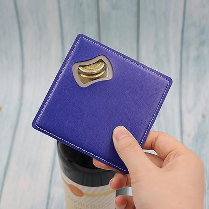 PU Leather Drink Coaster with Bottle Opener Stainless Steel Bartender Beer - Image 2